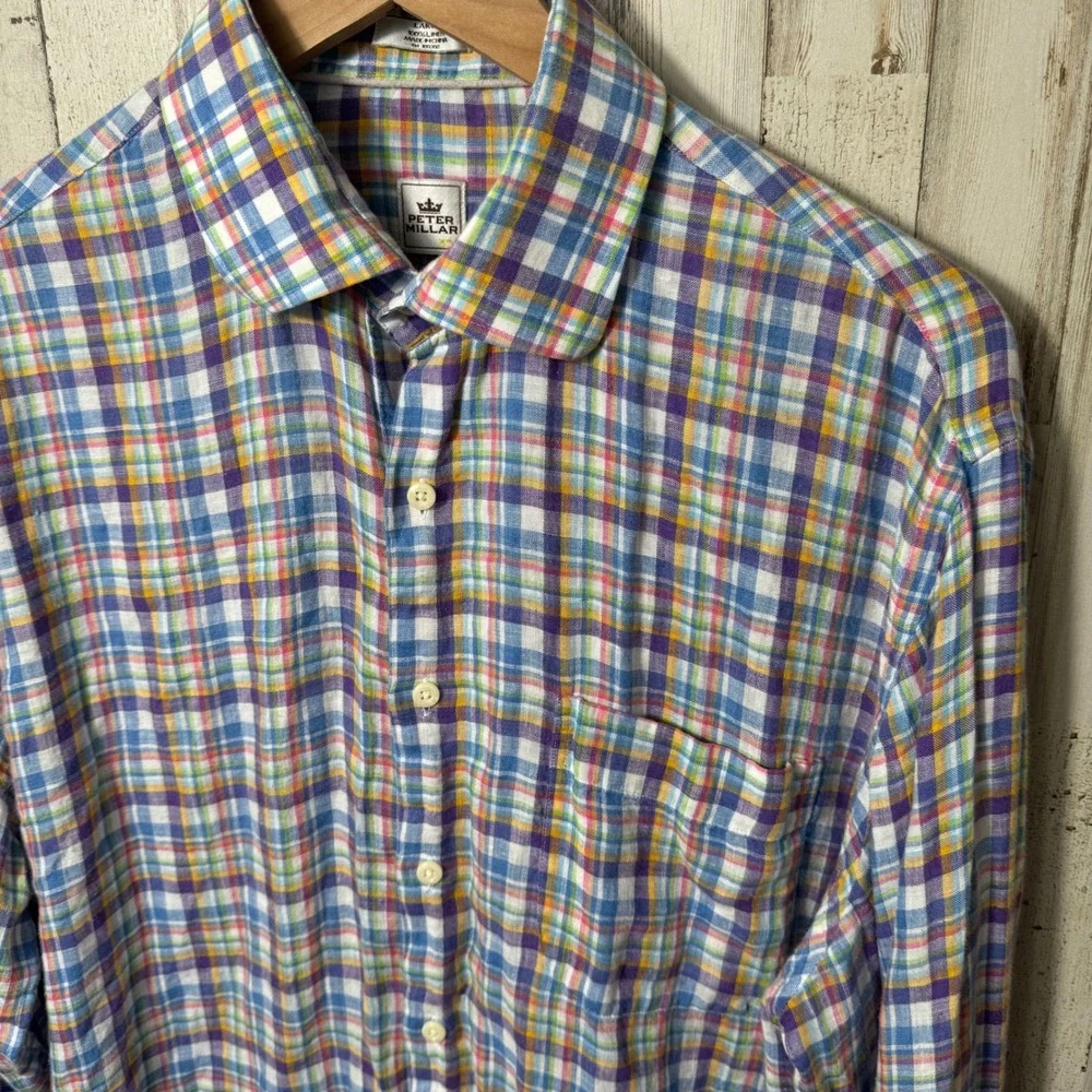 Peter Millar Crown Crafted Plaid Pastel 100% Linen Button Up Shirt Mens Size L‎